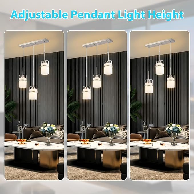 Brushed Nickel 3-Light Pendant Lighting, Adjustable Hanging Light Fixture with Milk Glass Shade, Modern Pendant Light for Kitchen Island Dining Room Bar Over Sink/Table/Counter