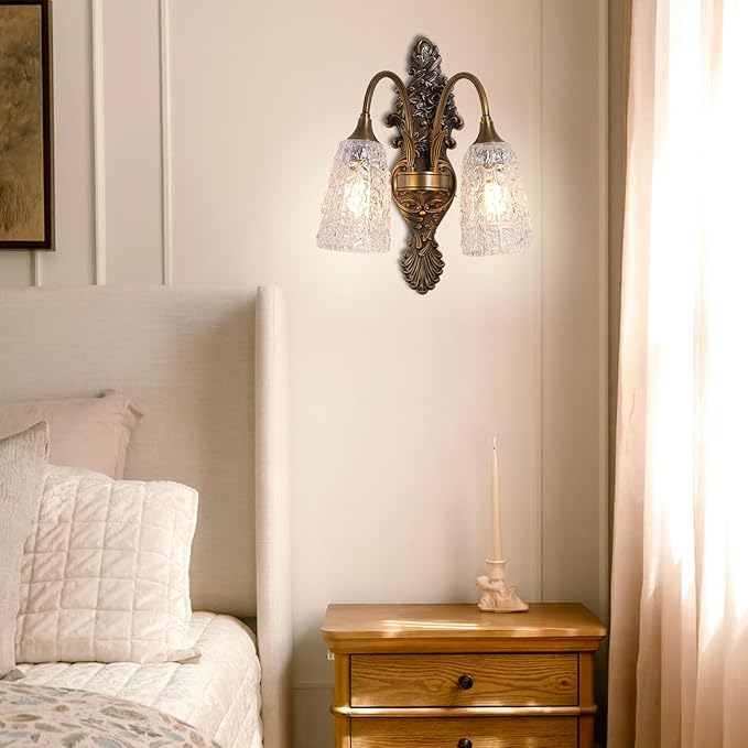 Rustic Glass Wall Sconce Vintage Antique Gothic Bronze Wall Light Fixture Retro Mid Centry Glass Wall Sconce for Bedroom, Living Room, Mirror, Hallway