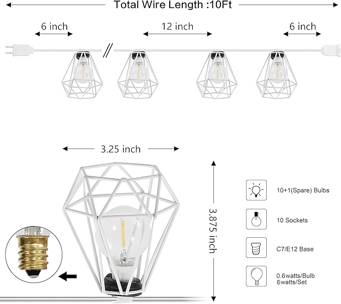 JONATHAN Y 10' White LED String Lights, 10-Light Indoor/Outdoor Set for Patio Deck, Modern Iron Diamond Cage Shade, Weather-Resistant, Connectable, UL Listed (JYL8705B)