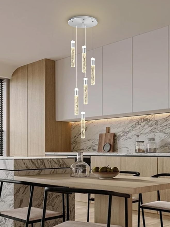 Long Crystal Column Chandelier for High Ceiling Modern LED Crystal Raindrop Chandeliers for Living Room Foyer Chandelier Lighting,3000k-6000K,6-Light Silver