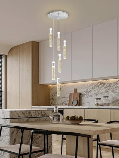 Long Crystal Column Chandelier for High Ceiling Modern LED Crystal Raindrop Chandeliers for Living Room Foyer Chandelier Lighting,3000k-6000K,6-Light Silver