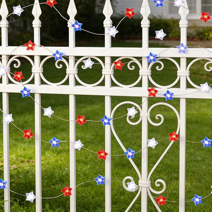 WATERGLIDE 1 Pack 4th of July String Lights, 16FT 50LED Red White and Blue Patriotic Star Lights, Battery Operated with 8 Modes & Timer, Waterproof Indoor Outdoor for Memorial Day Independence Day