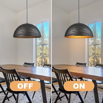 Lingkai 15.7 in. Black and Gold Hammered Pendant Light Fixtures, Industrial Metal Dome Shade, Pendant Lights Kitchen Island, Pendant Light for Kitchen Island and Dining Room