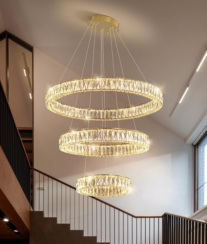 HAIXIANG Modern Glam Chandelier Crystal LED Remote Rings Chandelier Adjustable Hanging Ceilings Pendant Lights Fixture Gold 16"+24"+32" Rings Lighting