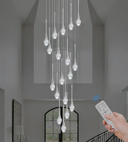 Modern Crystal Staircase Chandelier Polished Chrome 18-Lights, H118'' Large High Ceiling Spiral Dimmable LED Raindrop Foyer Entryway Light Fixture Remote Control