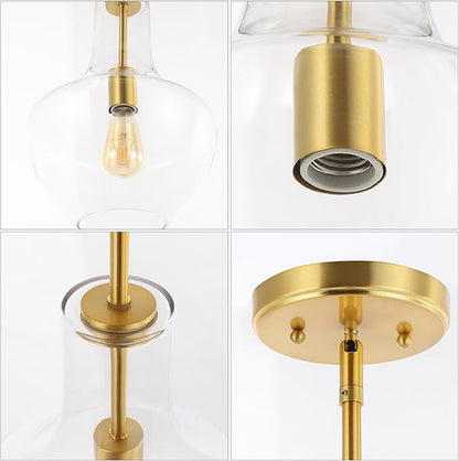 JONATHAN Y 10.5" Brass Gold/Clear Mid-Century Modern 1-Light LED Pendant Light Fixture, Adjustable Schoolhouse Hanging Lamp for Kitchen Island, Clear Glass Shade, LED Bulb Included (JYL6400C)