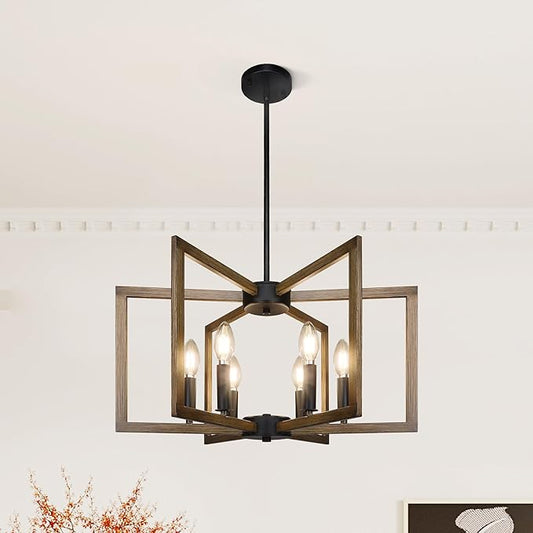 Klgxnrd 6-Light Modern Farmhouse Pendant Lights for Kitchen Island, Vintage Geometric Dining Room Lighting Hanging, Industrial Chandelier for Hallway Foyer, Retro Wood Texture and Black Finish