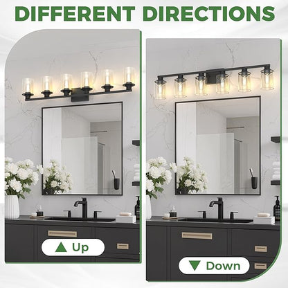 DORESshop Bathroom Light Fixtures, 6-Light Matte Black Bathroom Lighting Fixtures Over Mirror with Clear Glass Shade, Vanity Lights for Hallway Living Room Bedroom