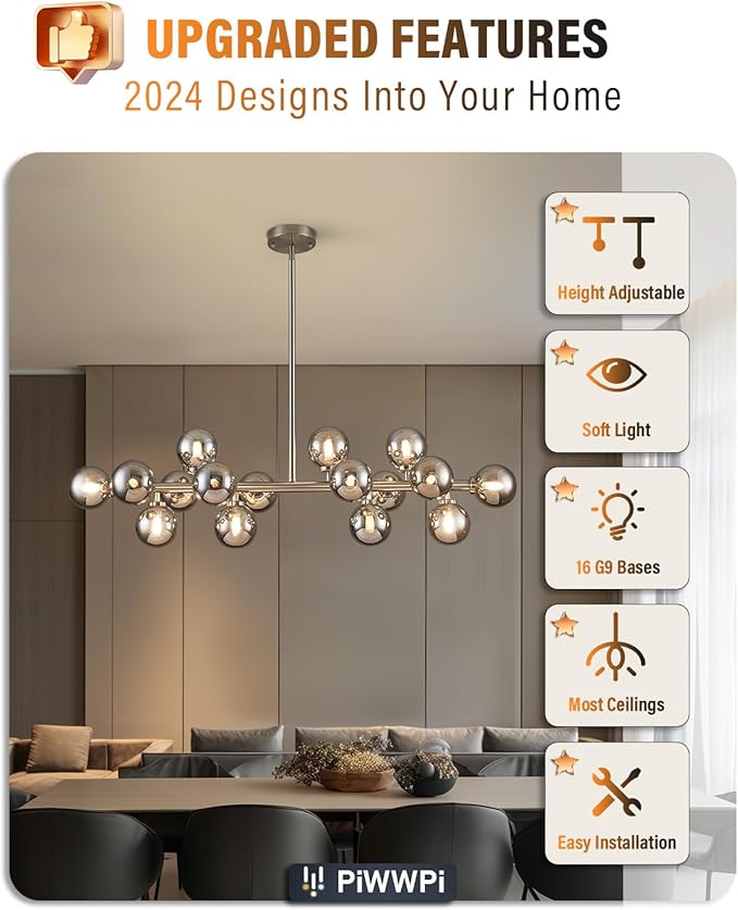 Glass Globe Sputnik Chandelier, 16-Light Mid Century Modern Light Fixture Over Table, Linear Chandeliers for Dining Room, Kitchen Island, Nickel and Smoke Grey Bubble, 40 Inch, GC-02