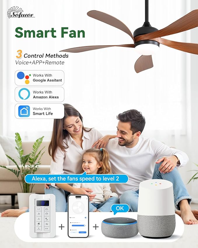 Sofucor 52" Smart Ceiling Fan, Indoor/Outdoor Ceiling Fans with Lights and Remote, Compatible with Alexa/Google/App, 3-Color Light 6-Speed Timing Reversible DC Motor for Bedroom Living Room Patio