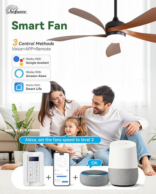 Sofucor 52" Smart Ceiling Fan, Indoor/Outdoor Ceiling Fans with Lights and Remote, Compatible with Alexa/Google/App, 3-Color Light 6-Speed Timing Reversible DC Motor for Bedroom Living Room Patio