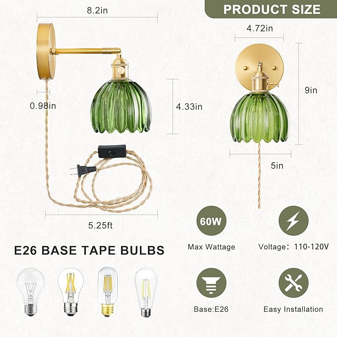 Plug in Wall Sconces Set of 2, Vintage Wall Sconce Light with Tulip Green Glass Lampshade, Bedroom Wall Sconce with Switch and Plug in wall lamp Cord, Gold Wall Light Wall Decor Set of 2