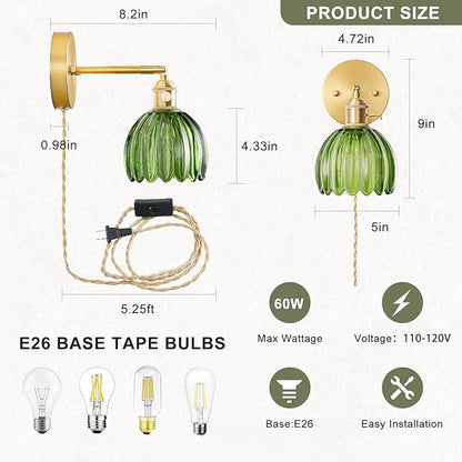 Plug in Wall Sconces Set of 2, Vintage Wall Sconce Light with Tulip Green Glass Lampshade, Bedroom Wall Sconce with Switch and Plug in wall lamp Cord, Gold Wall Light Wall Decor Set of 2