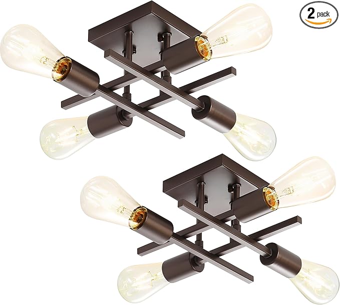 Industrial 4-Light Semi Flush Mount Ceiling Light Fixtures, Farmhouse Oil-Rubbed Bronze Chandelier Lighting, Modern E26 Base Sputnik Ceiling Lamps for Living Room Hallway, 2 Pack