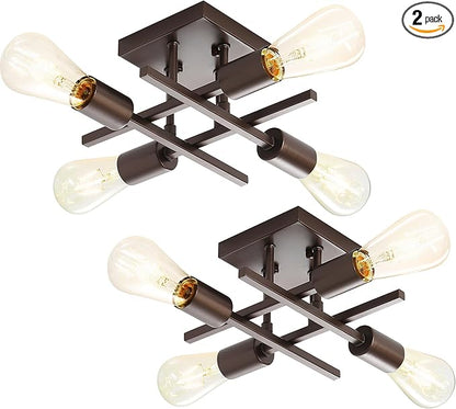 Industrial 4-Light Semi Flush Mount Ceiling Light Fixtures, Farmhouse Oil-Rubbed Bronze Chandelier Lighting, Modern E26 Base Sputnik Ceiling Lamps for Living Room Hallway, 2 Pack