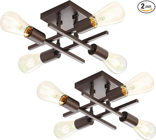 Industrial 4-Light Semi Flush Mount Ceiling Light Fixtures, Farmhouse Oil-Rubbed Bronze Chandelier Lighting, Modern E26 Base Sputnik Ceiling Lamps for Living Room Hallway, 2 Pack