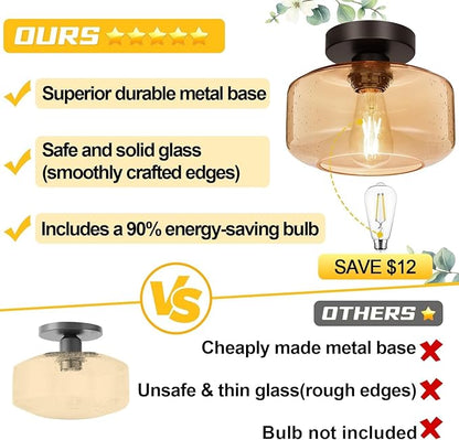 Lynnoland Industrial Semi Flush Mount Ceiling Light, Amber Seeded Glass Shade Ceiling Light Fixture, Light Fixture for Hallway Bathroom Bedroom, Vintage Hanging Light Fixtures