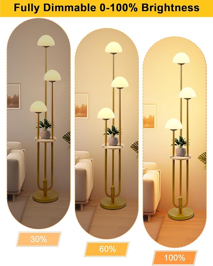 Gold Dimmable Floor Lamp with Table, Modern Floor Lamps with Mushroom Shades for Living Room, 3000K Warm White Tall Standing Lamp with Bulbs& 5Lbs Heavy Base for Bedroom/Office