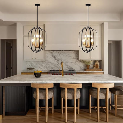 Black and Gold Chandelier for Dining Room, 8-Light Farmhouse Entryway Light Fixture Adjustable Pendant Lights Kitchen Island Rustic Kitchen Chandelier for Entryway, Living Room, Foyer