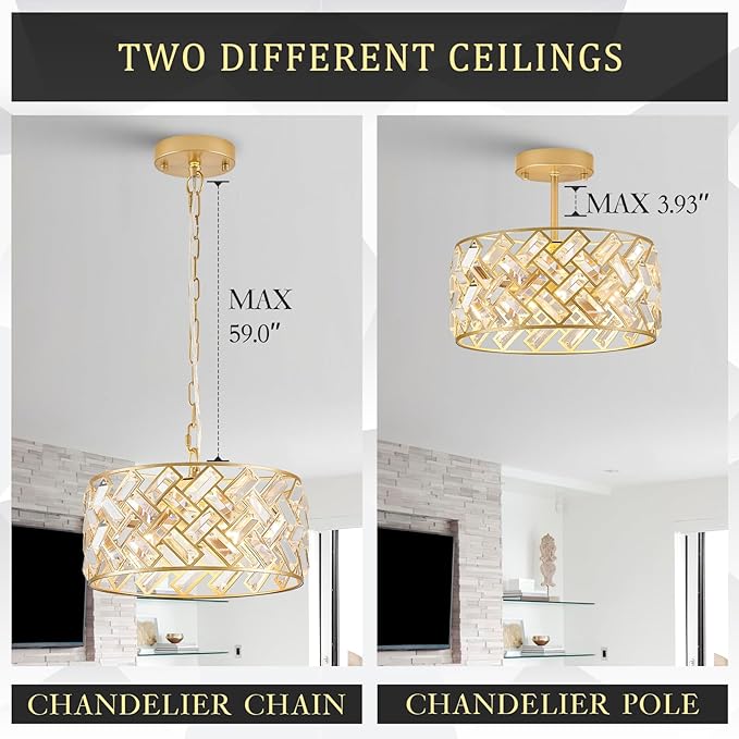 Modern Gold Crystal Chandeliers, Small Semi Flush Mount Chandelier 4-Ligh 12'' Drum Crystal Pendant Light Fixture for Foyer Entryway Kitchen Hallway Dining Room