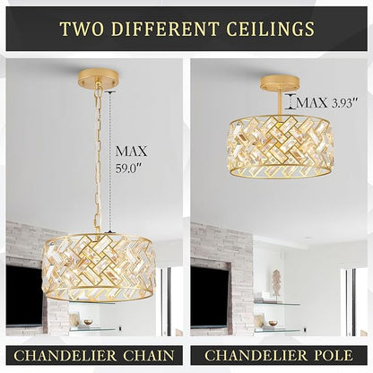 Modern Gold Crystal Chandeliers, Small Semi Flush Mount Chandelier 4-Ligh 12'' Drum Crystal Pendant Light Fixture for Foyer Entryway Kitchen Hallway Dining Room