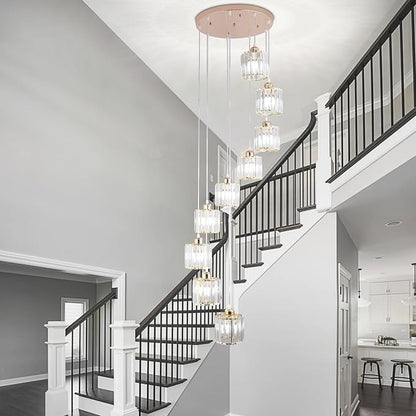 High Ceilings Long Chandeliers Modern Crystal Pendant Light Raindrop Drop Lamp Hanging Chandeliers Flush Mount Lighting Fixtures for Staircase Foyer Entryway Gold 9 Lights