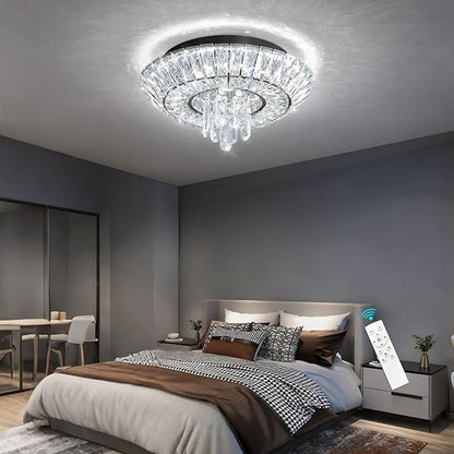 Crystal Chandelier 25W Modern Round Ceiling Light Fixture LED Raindrop Chandeliers Dimmable with Remote for Dining Room Living Room Entryway Hallway Bedroom Black