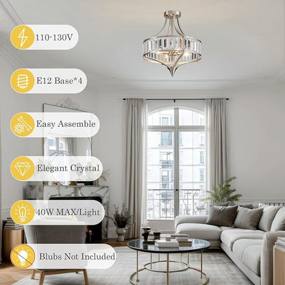 Crystal Chandelier Ceiling Light Fixture, Modern Round Brushed Nickel Dining Room Chandeliers for Kitchen Hallway Bedroom Foyer, 16 Inch Rustic Farmhouse Semi Flush Ceiling Light, 4-Light