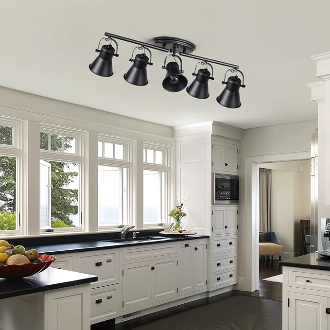 5-Light Track Lighting Kit, Directional Ceiling Light, Industrial Black Kitchen Track Lighting Fixtures Ceiling for Kitchen, Living Room, Dining Room, Hallway.