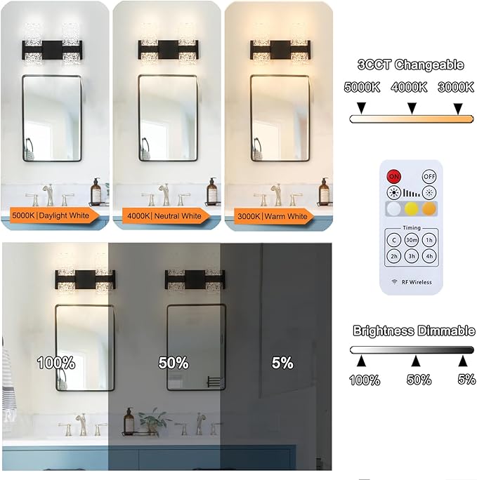 Modern Matte Black 2 Lights Bathroom Vanity Light, LED Bathroom Light Fixtures Over Mirror, Dimmable Acrylic Wall Lighting Fixtures, Hardwired Wall Light(H9.25in, L13.78in)