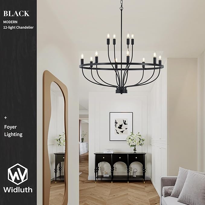 33.5" Industrial Black Chandelier Vintage 12-Lights Rustic Candle Style Chandeliers Light Fixture Retro Farmhouse Black Chandelier for Dining Room, Kitchen Island, Living Room, E12