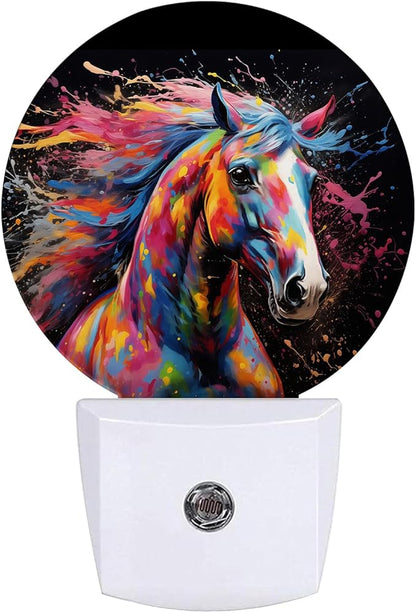 Colorful Horse Night Light Night Lights LED Lamp Round Plug into Wall Nightlight with Dusk to Dawn Sensor Home Hallway Stairway Kitchen Decor