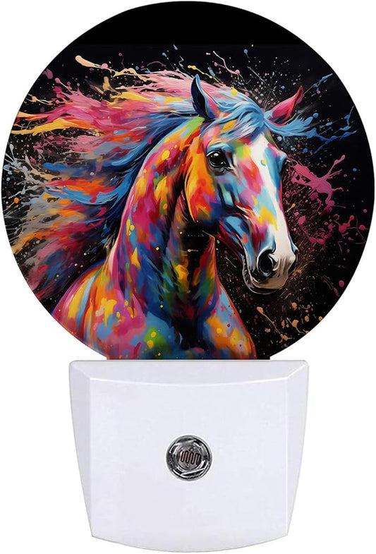 Colorful Horse Night Light Night Lights LED Lamp Round Plug into Wall Nightlight with Dusk to Dawn Sensor Home Hallway Stairway Kitchen Decor