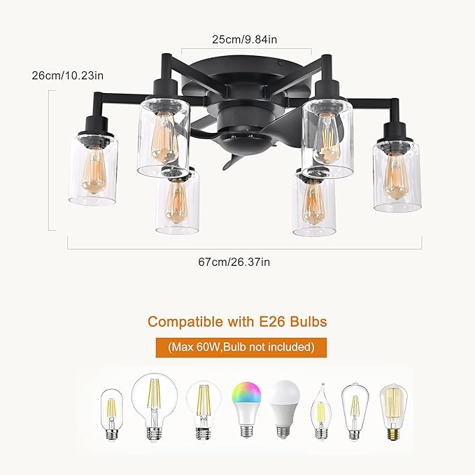 Garwarm 26.4" Ceiling Fans with Lights, Black Flush Mount Ceiling Fan with Lights Remote Control,Low Profile Bladeless Ceiling Fan Light Fixture for Bedroom, Kitchen, Dining Room