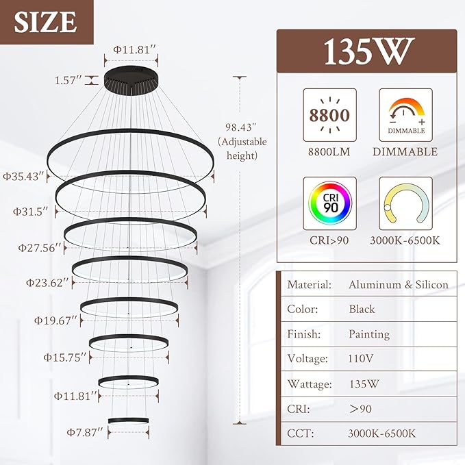 Modern LED Chandelier 8 Rings Dimmable Black High Ceiling Chandelier Foyer, Large LED Contemporary Pendant Lighting for Staircase Entryway Living Room, D35’’ 3000K-6500K