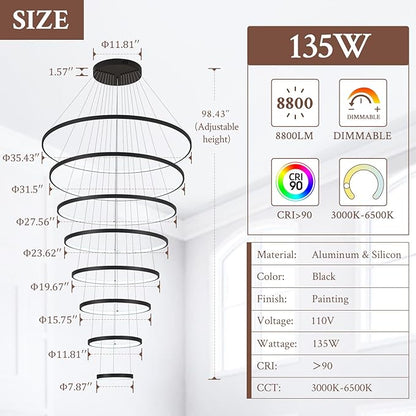 Modern LED Chandelier 8 Rings Dimmable Black High Ceiling Chandelier Foyer, Large LED Contemporary Pendant Lighting for Staircase Entryway Living Room, D35’’ 3000K-6500K