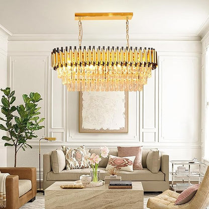 Depuley 31" Crystal Rectangle Chandelier: 3-Tier Gold Glass Crystal Chandelier Island Light Fixtures for Dining Room - 8-Light Linear Pendant Light for Kitchen Island Included Bulbs