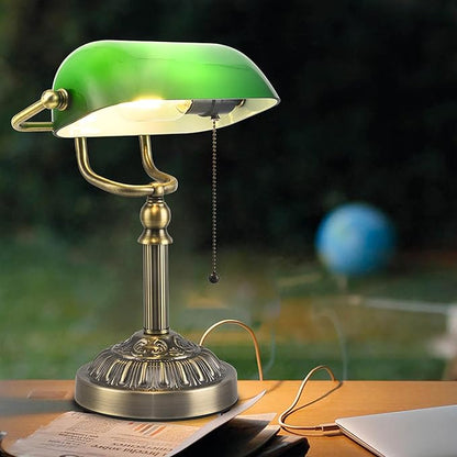 Bankers Desk Lamp with USB-A Charging Port, Vintage Green Glass Desk Lamp with Pull Chain, Antique Brass Banker's Desk Lamp for Home Office Library