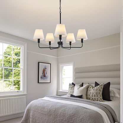 Black Chandeliers for Dining Room 30” Bedroom Light Fixture with White Fabric Shade 5-Light Modern Farmhouse Chandelier Adjustable Pendant Lighting Fixtures for Kitchen Island,Living Room,Entryway