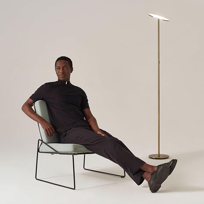 Brightech Sky LED Floor lamp, Torchiere Super Bright Floor Lamp for Living Room Decor & Office - Dimmable, Tall Standing Torch Lamp with Warm Light for Bedroom & Reading - Gold Brass