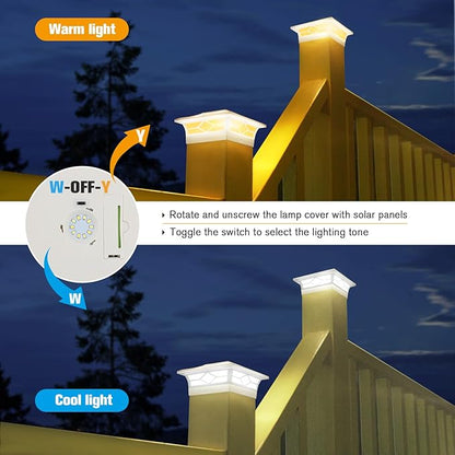 JOFIOS Solar Fence Post Lights, Cap Lights for 4x4/5x5 Vinyl Fence and 4x4/6x6 Wooden Post, Warm White/Cool White Lighting, White Solar Cap Outdoor Waterproof Decorate Garden Pathway Dcek Patio