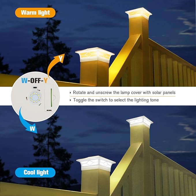 Solar Post Cap Lights Outdoor 8pack, Waterproof Solar Powered Deck Fence Post Lights for 4x4 Wood/Vinyl Posts, Solar Outdoor LED Light with Cool/Warm Lighting (White, 8pack)