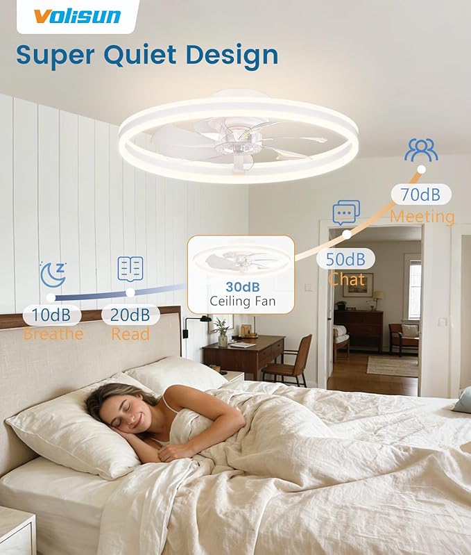 VOLISUN Low Profile Ceiling Fans with Lights and Remote, 24in Flush Mount Ceiling Fans with Light, 3000K-6500K Dimmable Fandelier LED Fan Light, White Bladeless Ceiling Fans with Lights for Bedroom