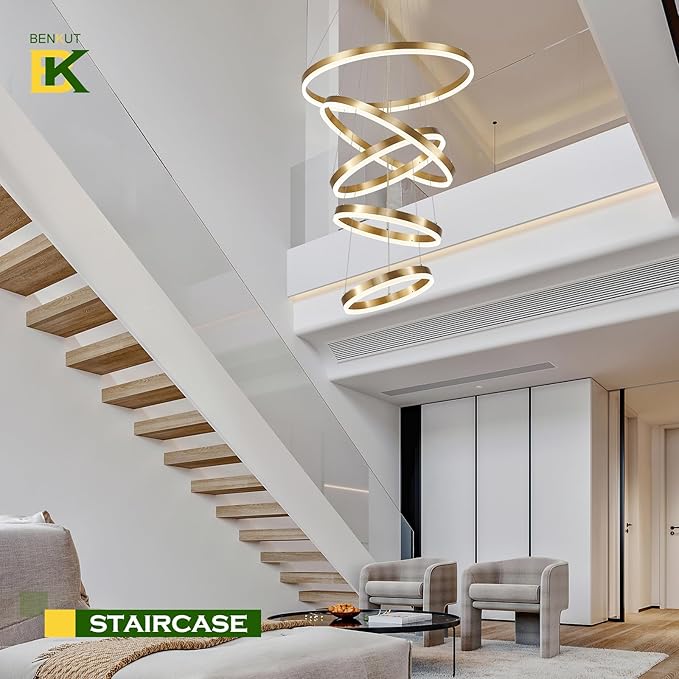 Benkut 5-Rings Modern LED Chandelier Gold High Ceiling Chandelier with Remote Control Dimmable Pendant Lighting for Dining Room Foyer Living Room Entryway Staircase(3000K-6500K, D23.6in)