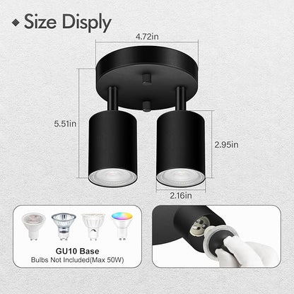 2 Light Track Lighting Fixtures Ceiling, Matte Black Round Directional Ceiling Spotlight, GU10 Flush Mount Track Fixture, Adjustable Modern LED Track Lights for Kitchen/Living Room, Bulb Not Included