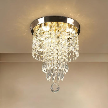 Flush Mount Crystal Chandelier 9.8" – Modern Gold Ceiling Light with LED 3-Color K9 Raindrop Crystals for Bedroom, Dining Room, Entryway, Hallway
