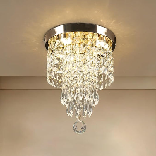 Flush Mount Crystal Chandelier 9.8" – Modern Gold Ceiling Light with LED 3-Color K9 Raindrop Crystals for Bedroom, Dining Room, Entryway, Hallway