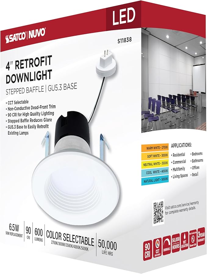 Satco S11838 6.5W LED Downlight Retrofit, 4 in. Stepped Baffle, CCT 2700K-5000K Warm White to Natural Light, 600 Lumens, Matte White, 12V, 50W Inc. Eq. Wet Location, cETLus Classified, RoHS