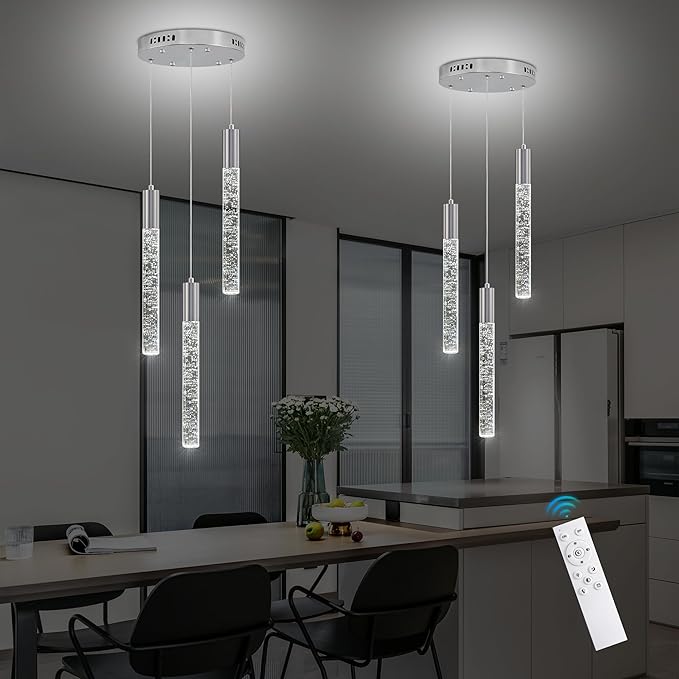 Modern Crystal Chandelier 3-Lights, Spiral LED Raindrop Kitchen Island Pendant Lighting, Bubble Foyer Dinimg Room Hanging Light Fixture Remote Control Chrome