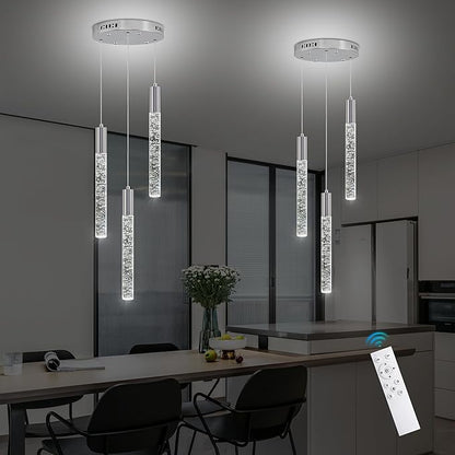 Modern Crystal Chandelier 3-Lights, Spiral LED Raindrop Kitchen Island Pendant Lighting, Bubble Foyer Dinimg Room Hanging Light Fixture Remote Control Chrome